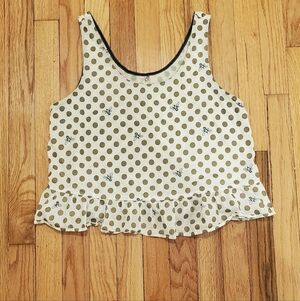 Jane and Bleecker White Tank Top with Olive Polka Dots, Bee and Ruffle Hem